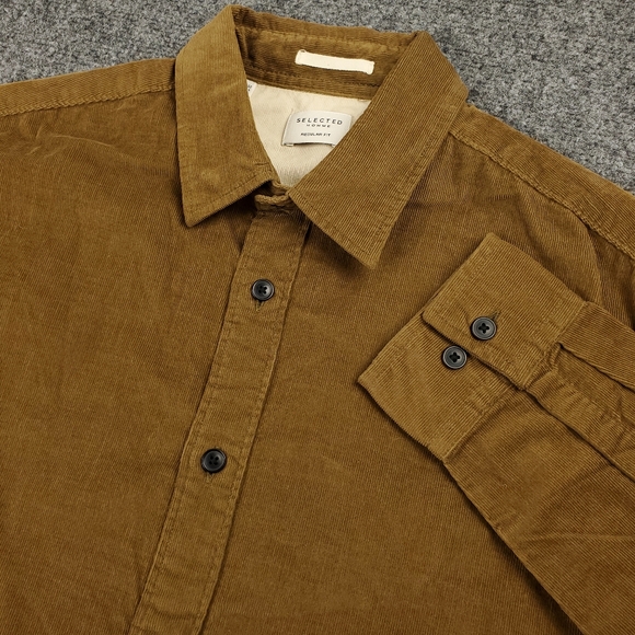 Selected Homme Corduroy Shirt Mens 16.5 Large Brown Button Up Organic Cotton - Picture 10 of 10